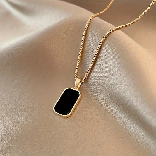 Elegant Gold-Plated Stainless Steel Black Rectangular Pendant
